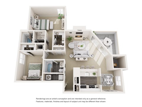 Floor plan for 2 beds, 2 baths, 1079 sqft